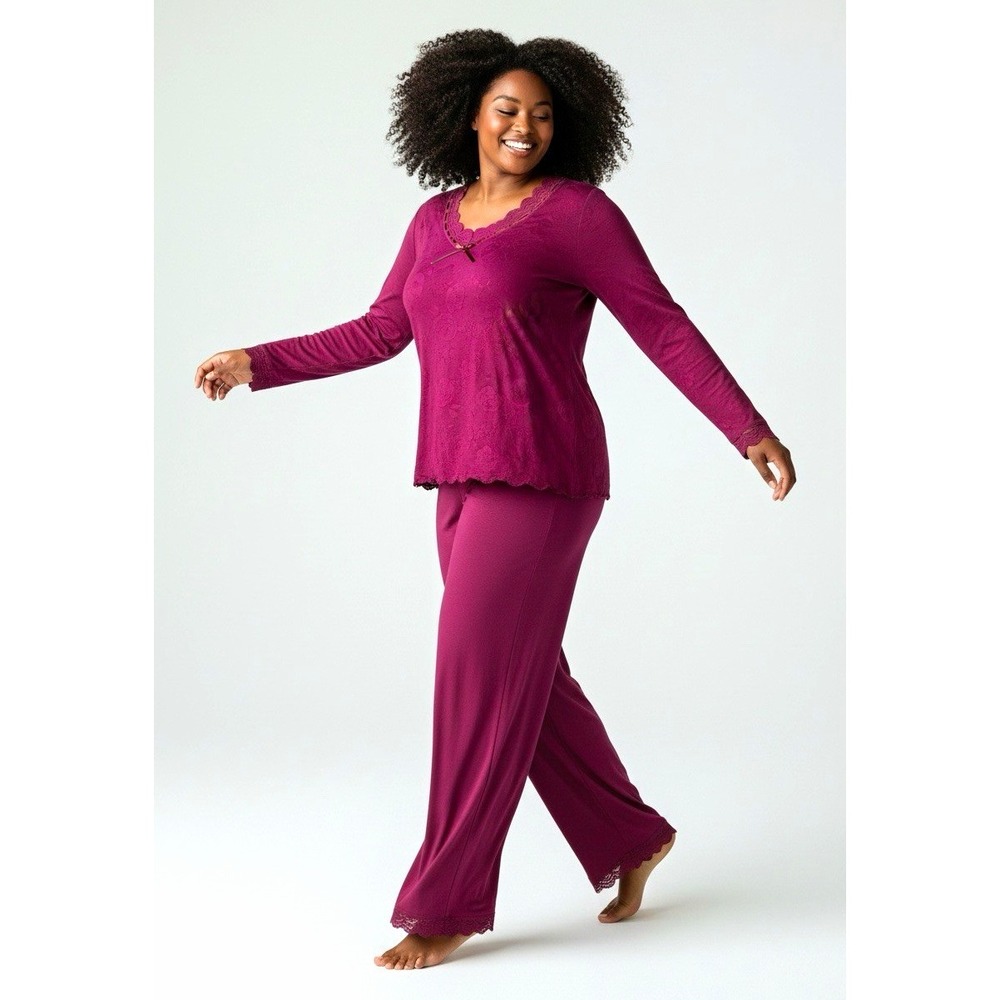 Gilligan & O'Malley Women's Knit Floral Lace Bow Pajama Set Purple 3XL Plus